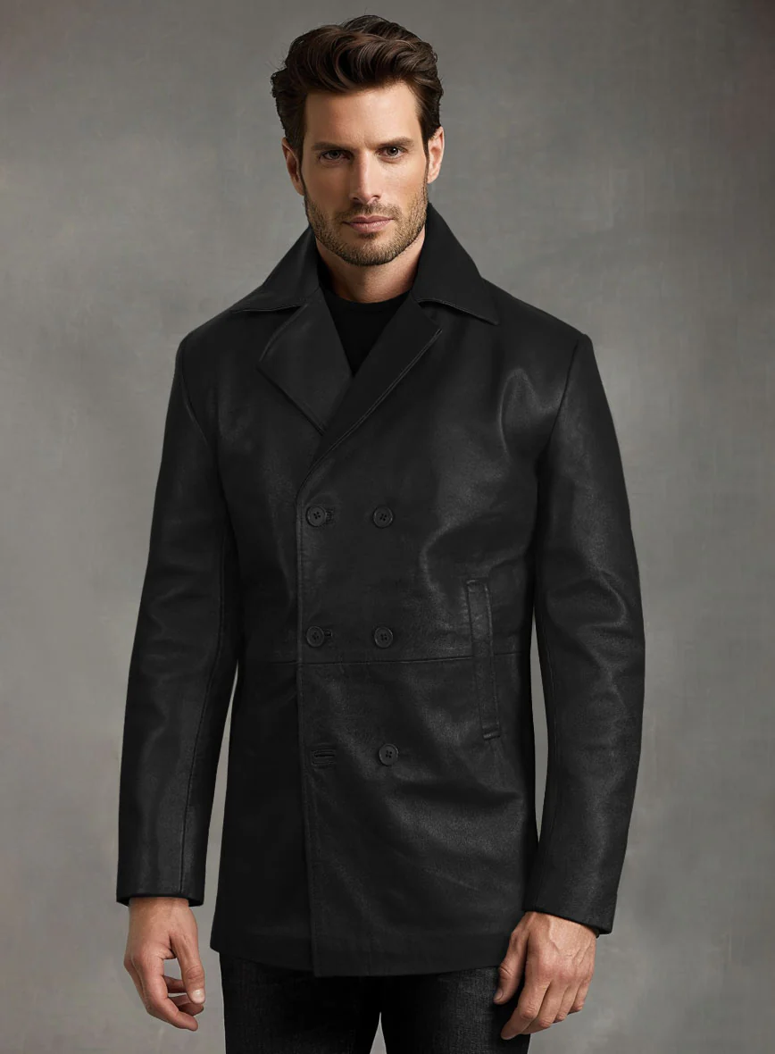Black Leather Pea Coat - Image 2