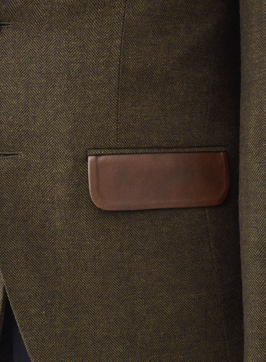 Bottle Brown Herringbone Tweed Suit - Leather Trim - Image 7