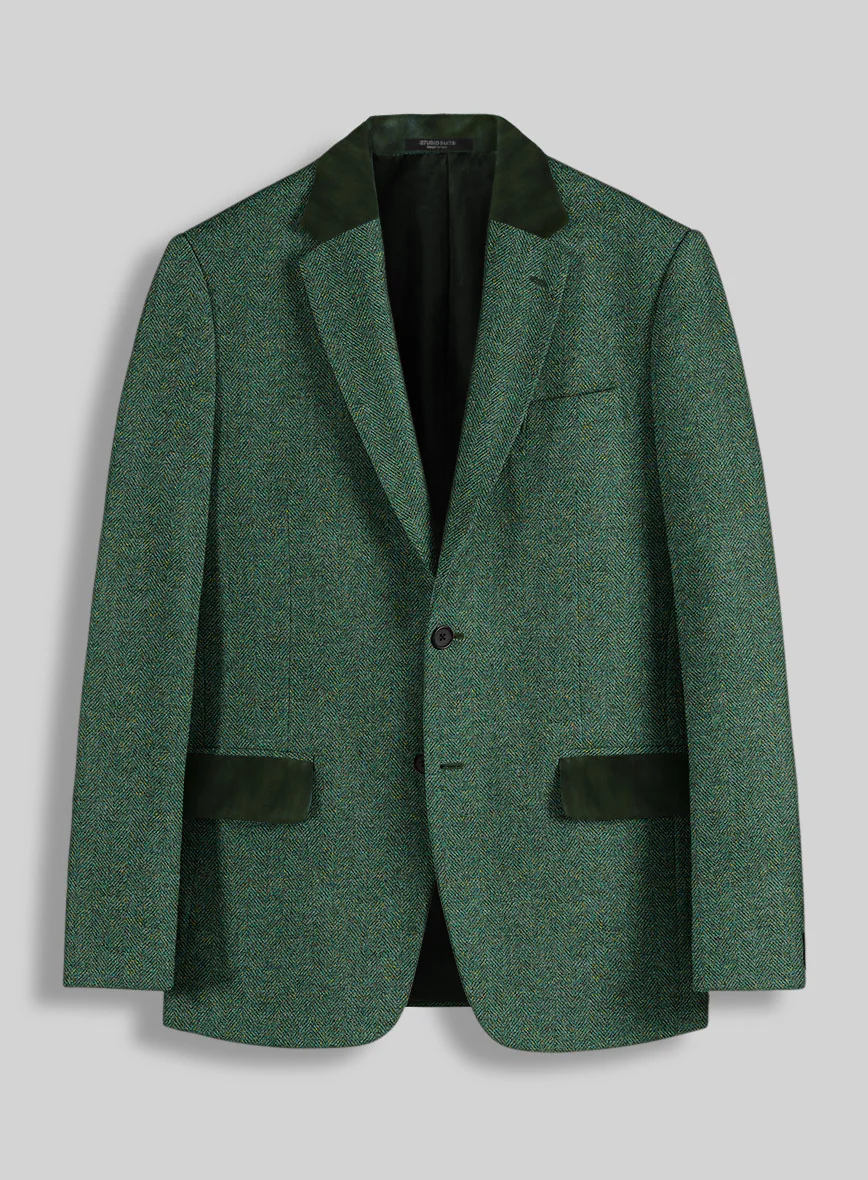 Bottle Green Herringbone Tweed Jacket - Leather Trims