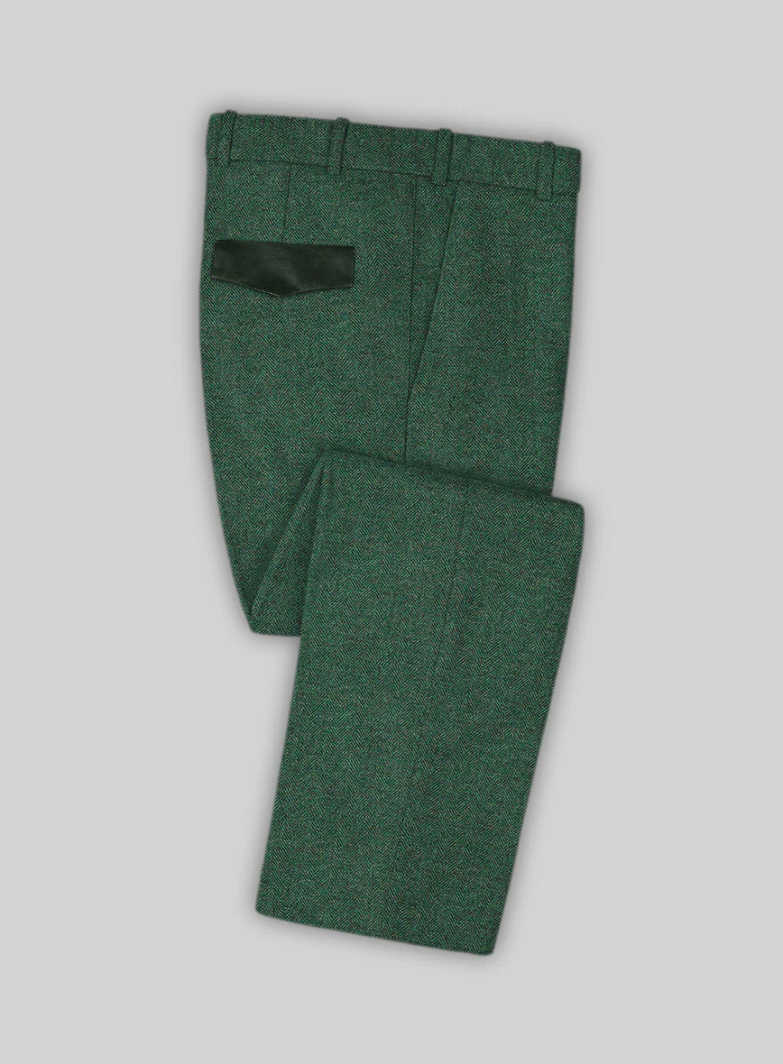 Bottle Green Herringbone Tweed Pants - Leather Trims