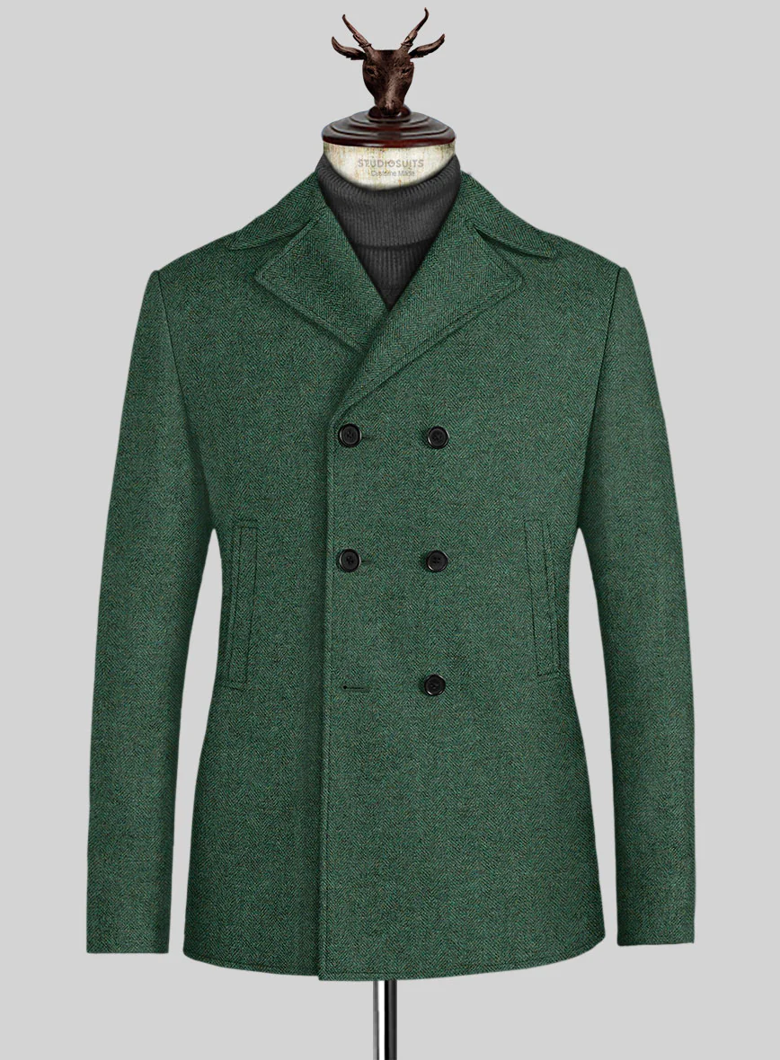Bottle Green Herringbone Tweed Pea Coat