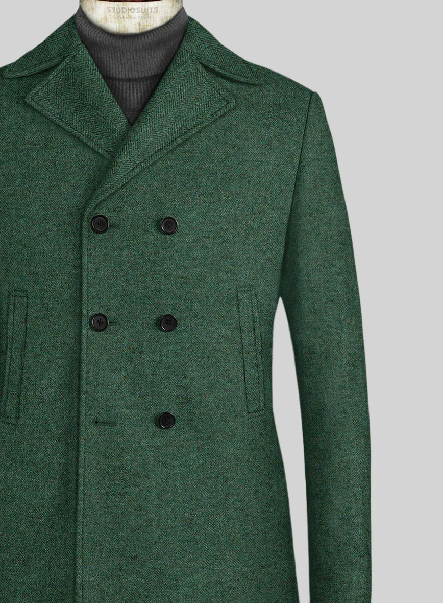 Bottle Green Herringbone Tweed Pea Coat - Image 3