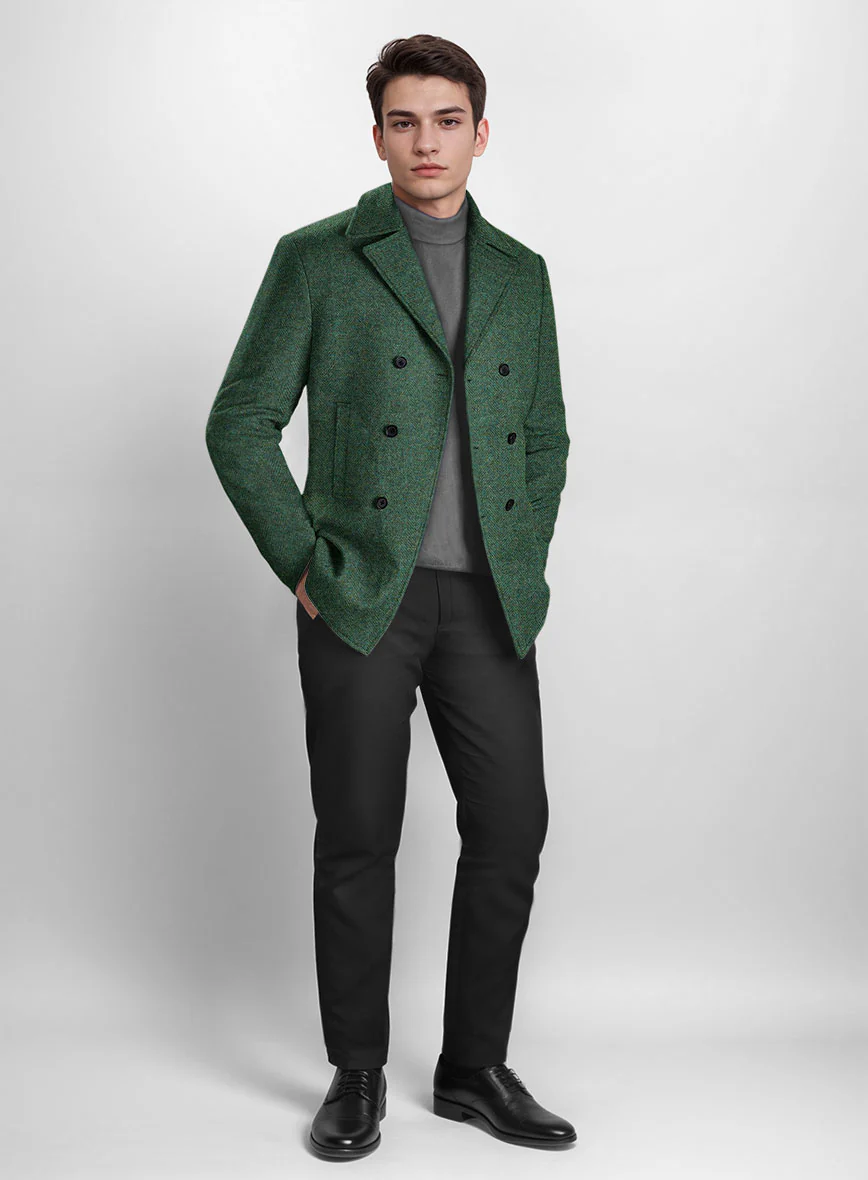 Bottle Green Herringbone Tweed Pea Coat - Image 4