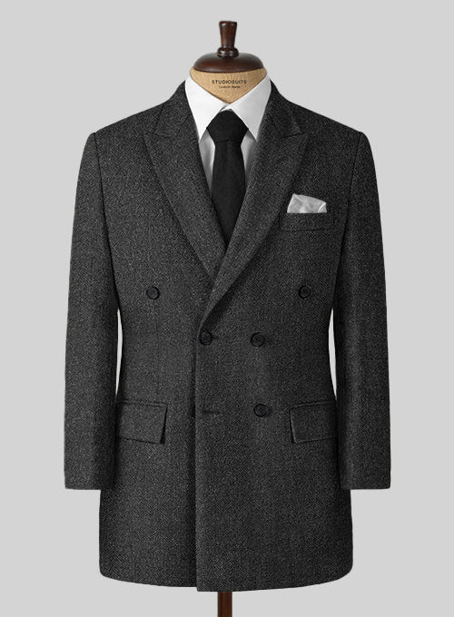 Charcoal Herringbone Tweed Double Breasted Overcoat