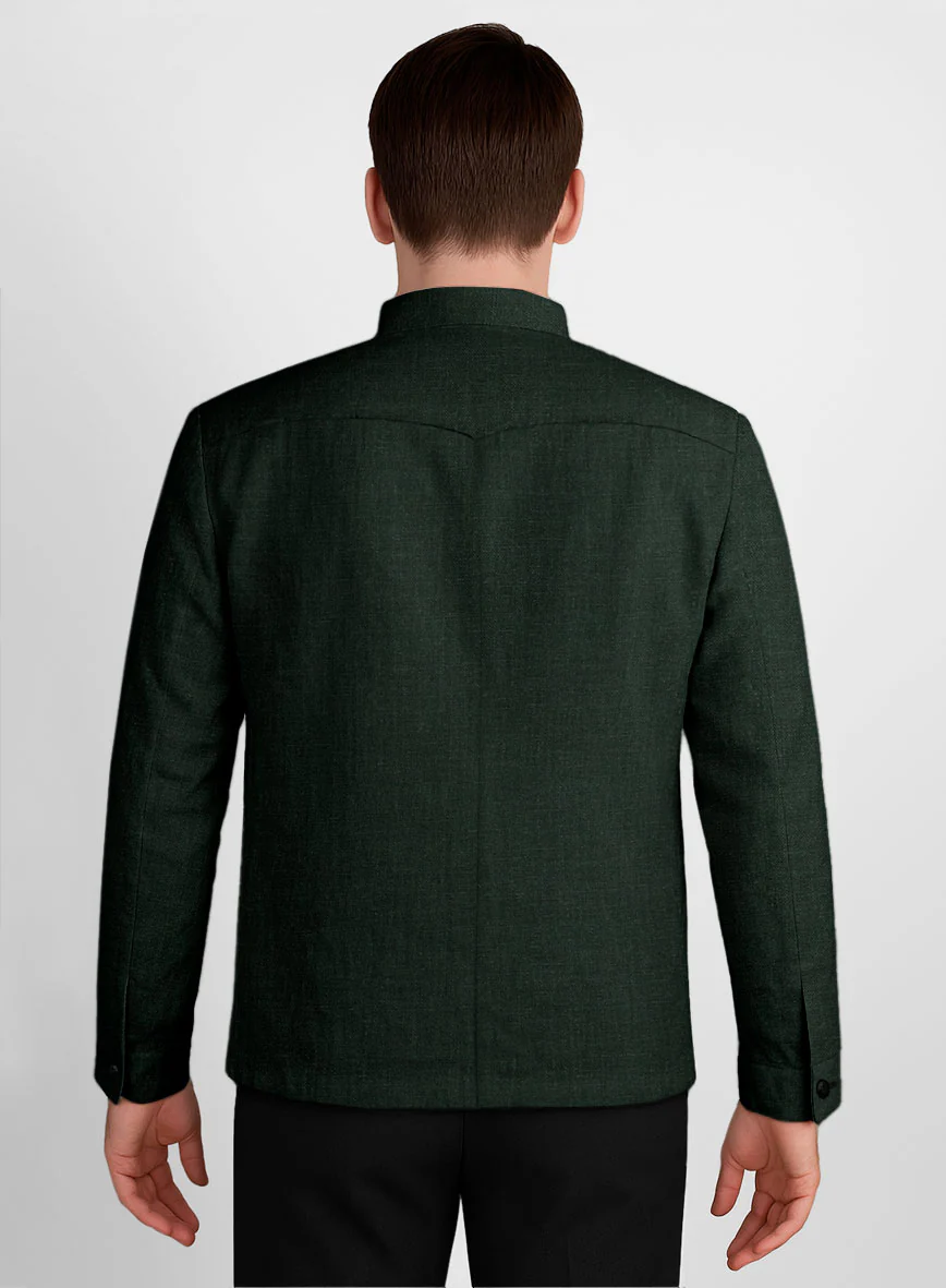 Dark Bottle Green Linen Zipper Jacket - Image 3