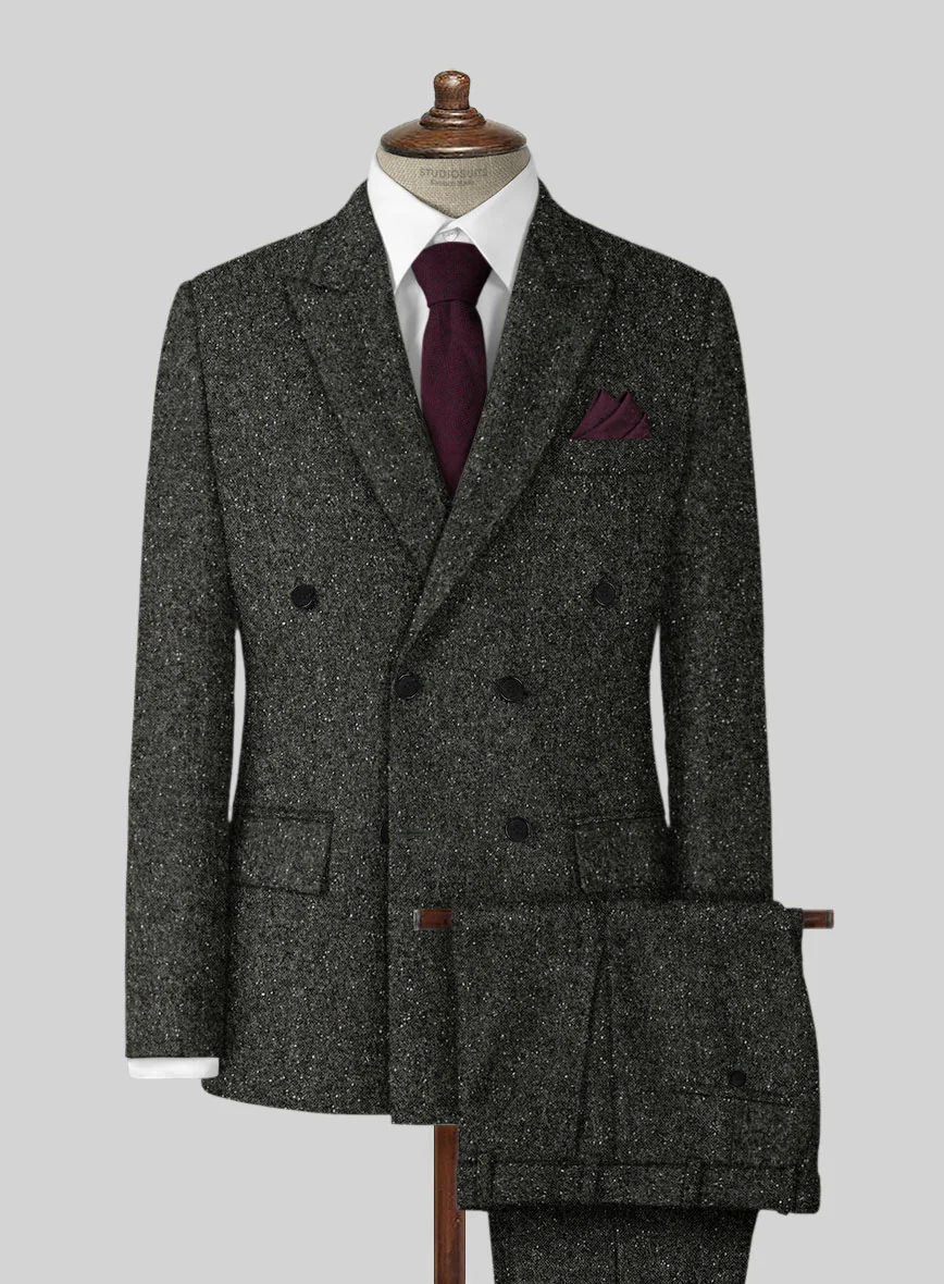Dark Olive Flecks Donegal Tweed Double Breasted Suit