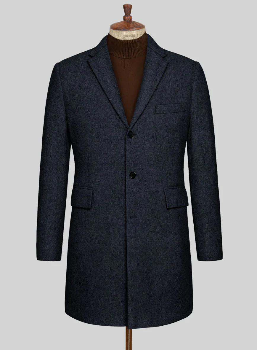 Deep Blue Herringbone Tweed Overcoat