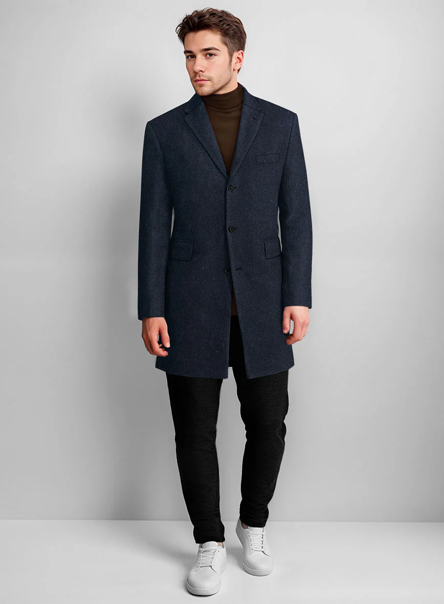 Deep Blue Herringbone Tweed Overcoat - Image 2