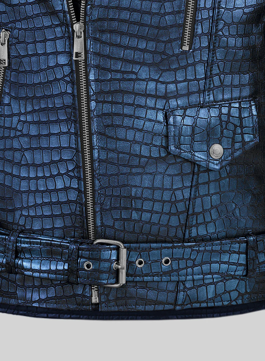 Enigmatic Croc Metallic Blue Leather Jacket - Image 3