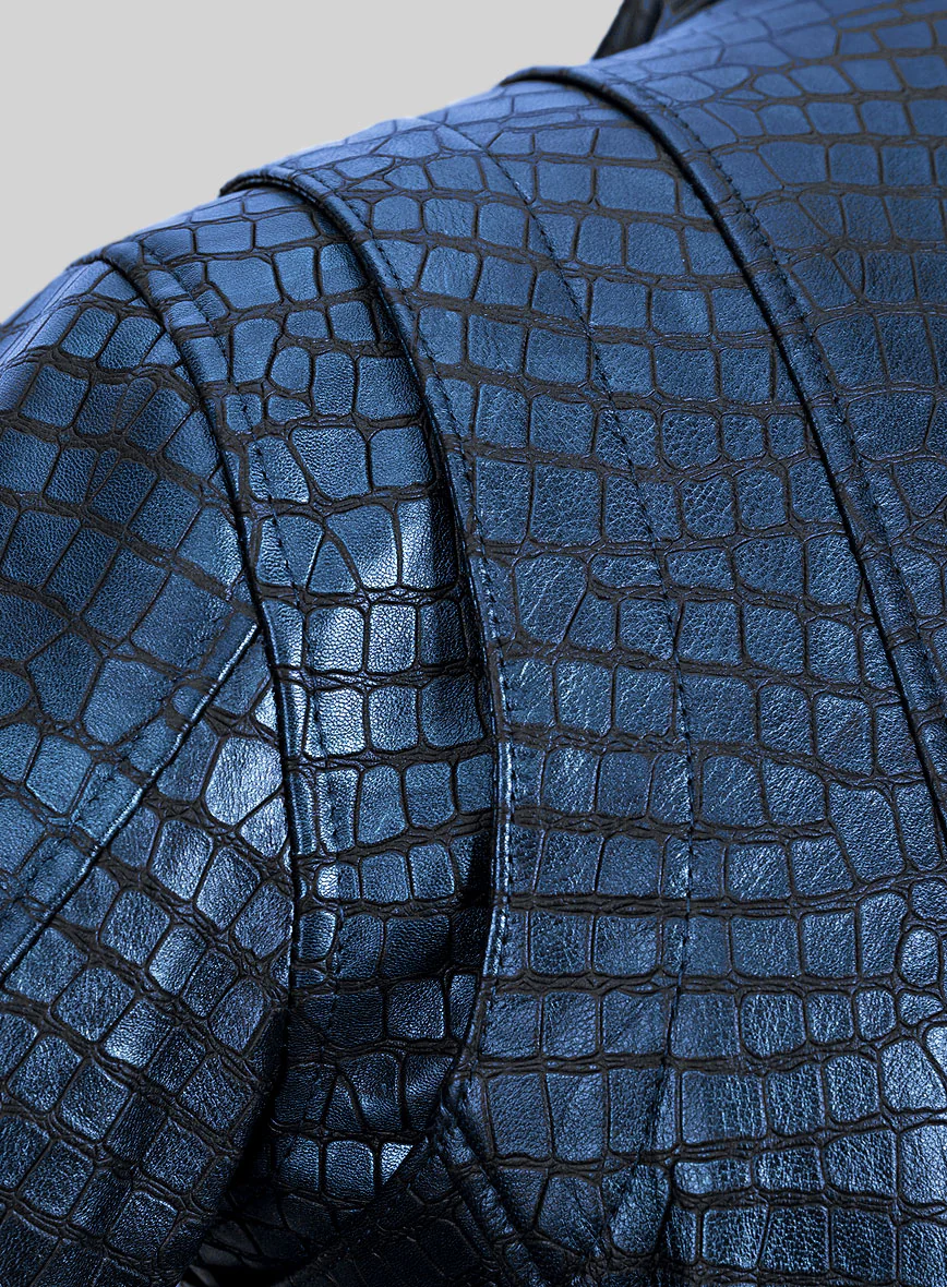 Enigmatic Croc Metallic Blue Leather Jacket - Image 4