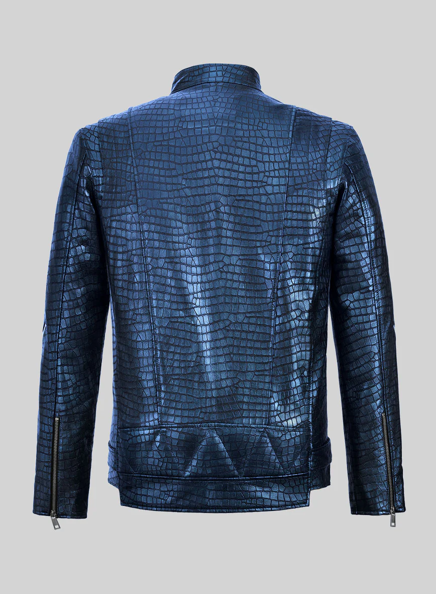 Enigmatic Croc Metallic Blue Leather Jacket - Image 5