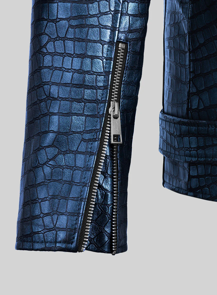 Enigmatic Croc Metallic Blue Leather Jacket - Image 6