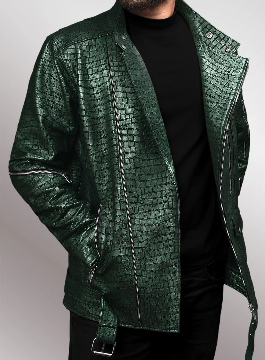 Enigmatic Croc Metallic Green Leather Jacket - Image 7