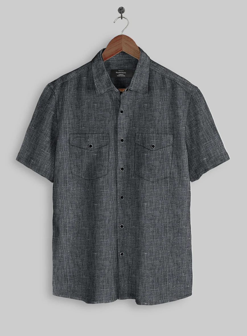 European Ash Gray Linen Western Style Shirt