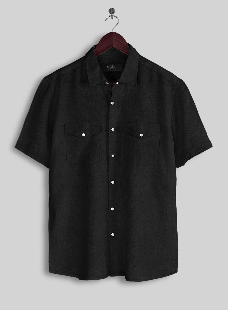 European Black Linen Western Style Shirt
