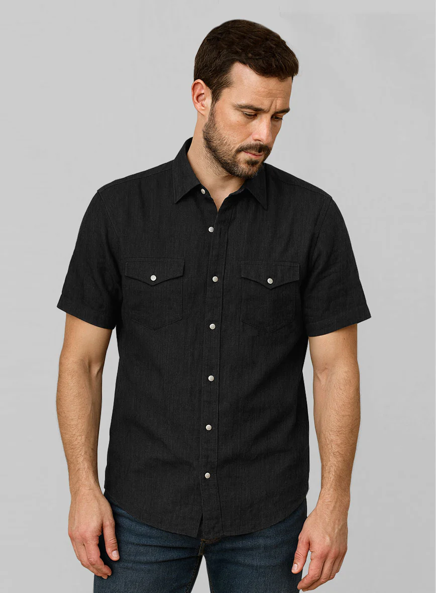 European Black Linen Western Style Shirt - Image 2