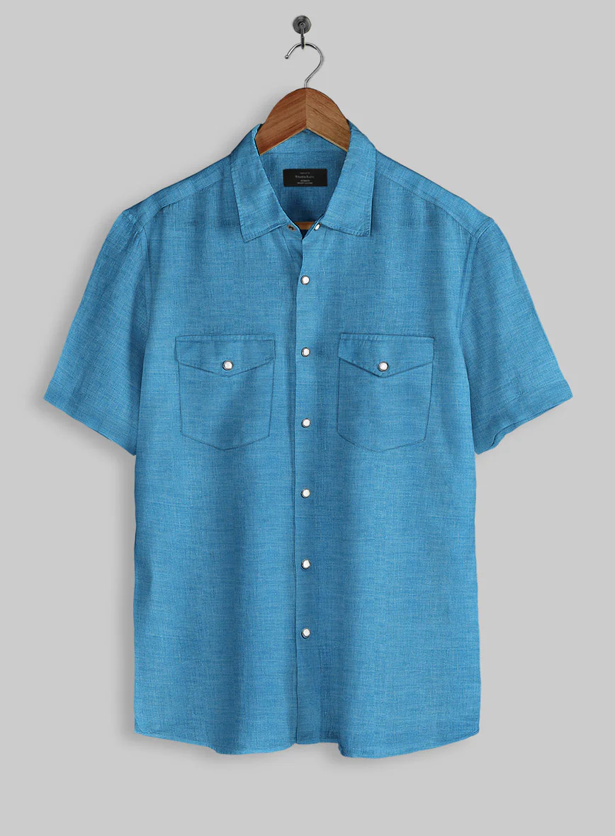 European Blue Linen Western Style Shirt