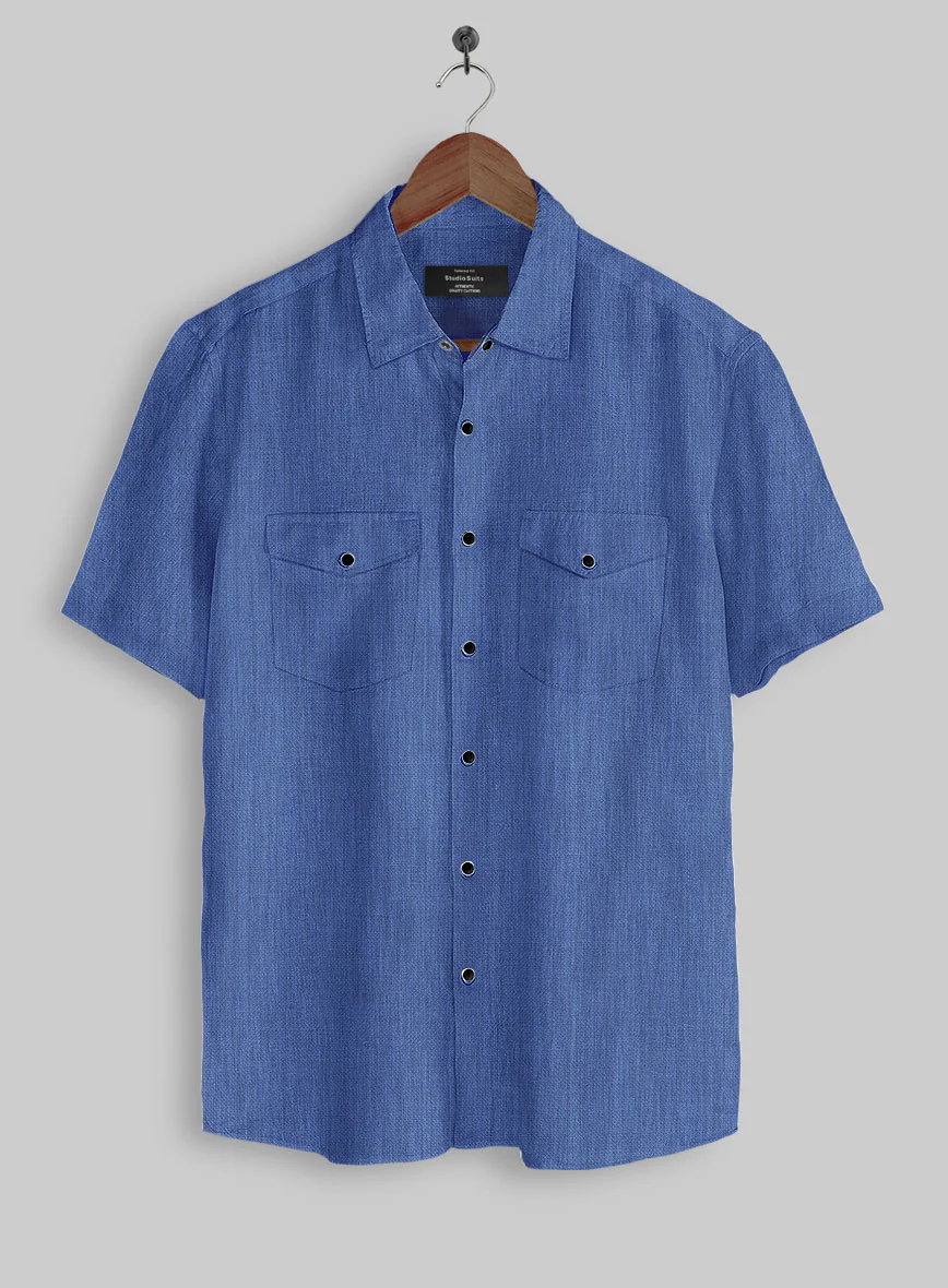 European Cruise Blue Linen Western Style Shirt