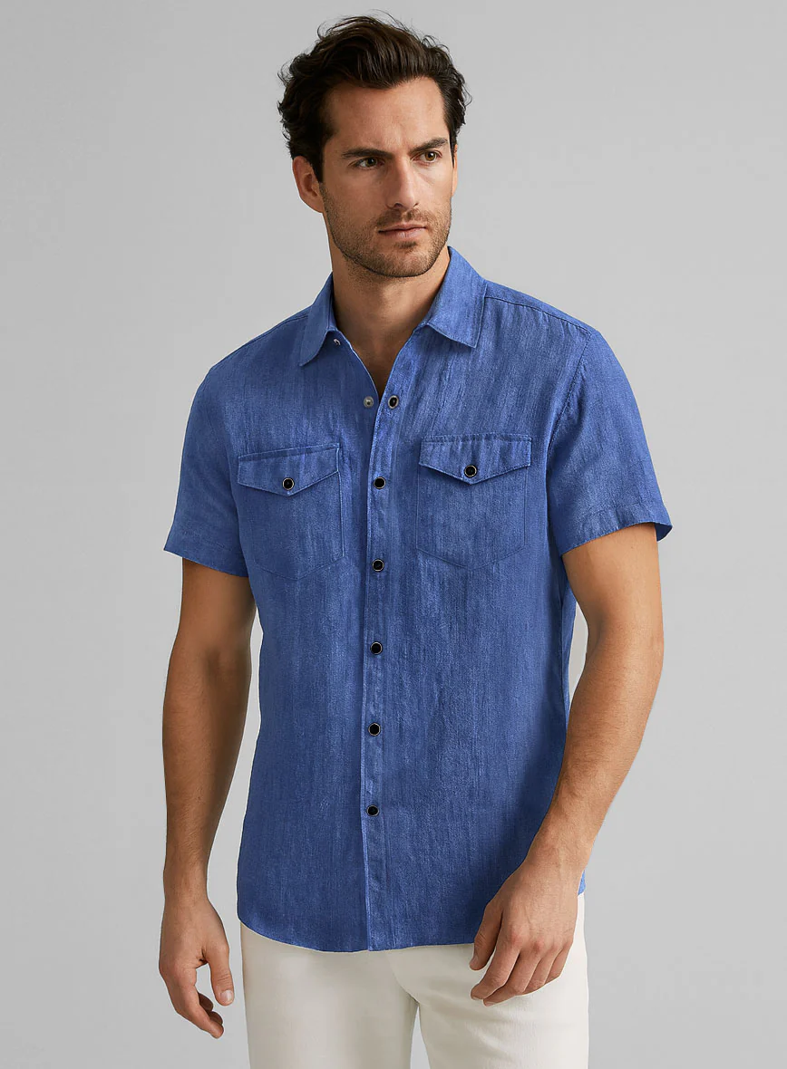European Cruise Blue Linen Western Style Shirt - Image 2