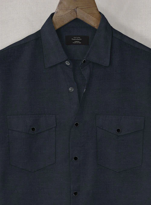 European Dark Blue Linen Western Style Shirt - Image 3