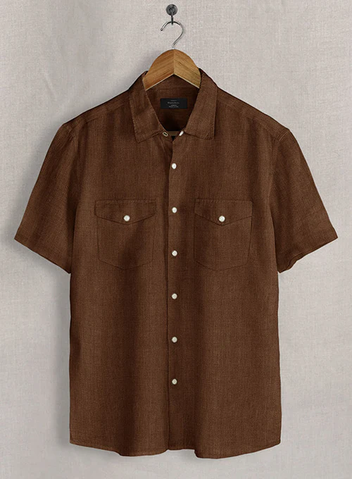European Oak Brown Linen Western Style Shirt