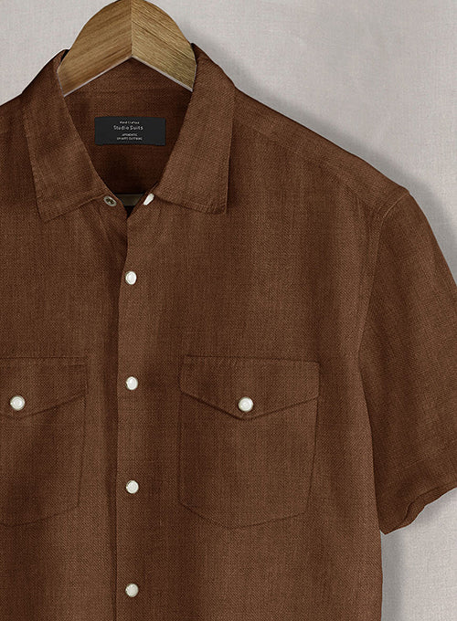 European Oak Brown Linen Western Style Shirt - Image 2
