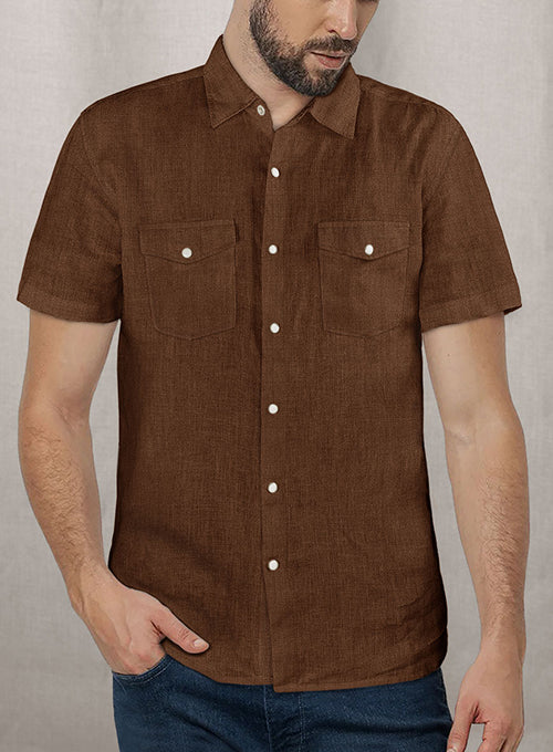 European Oak Brown Linen Western Style Shirt - Image 3