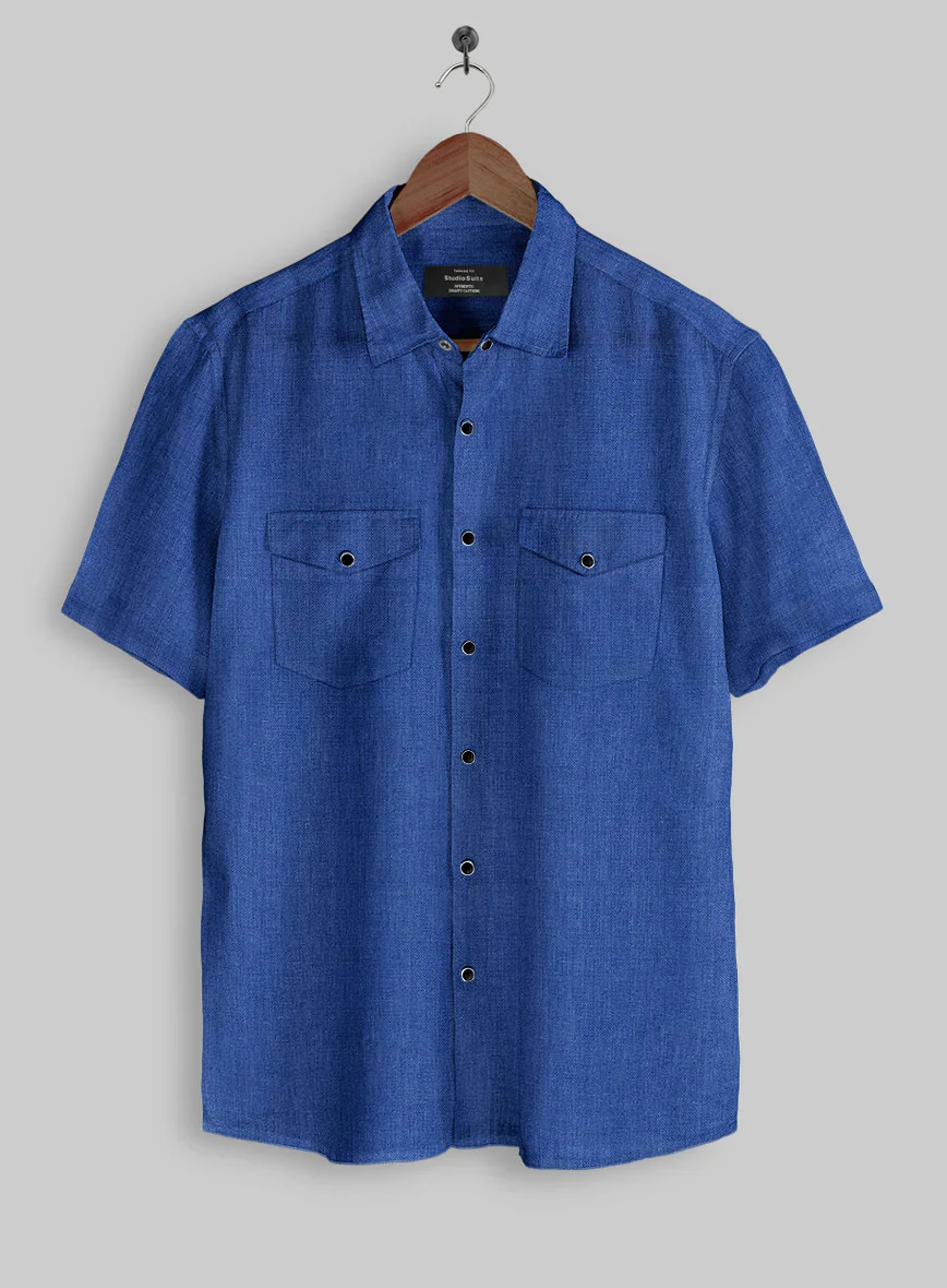 European Sapphire Blue Linen Western Style Shirt