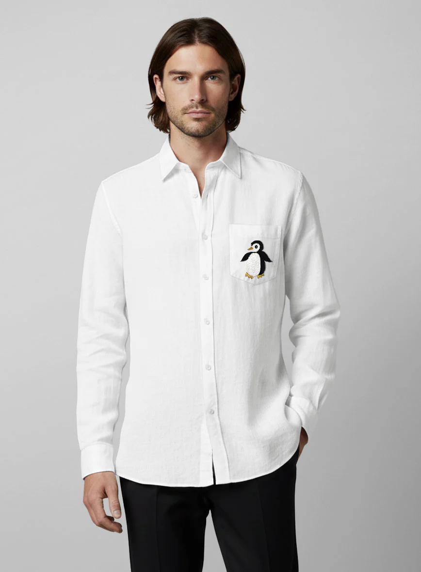 European White Linen Penguin Embroidered Shirt