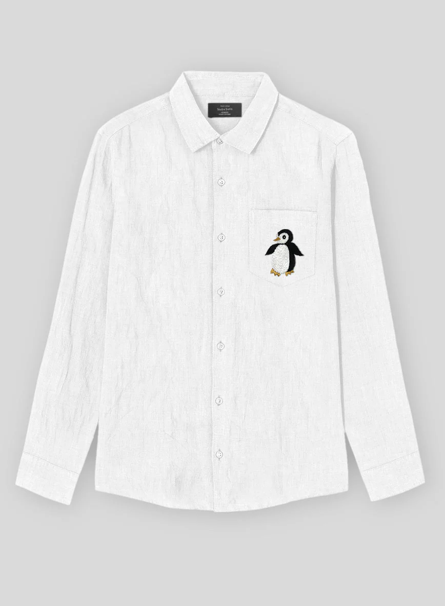European White Linen Penguin Embroidered Shirt - Image 2