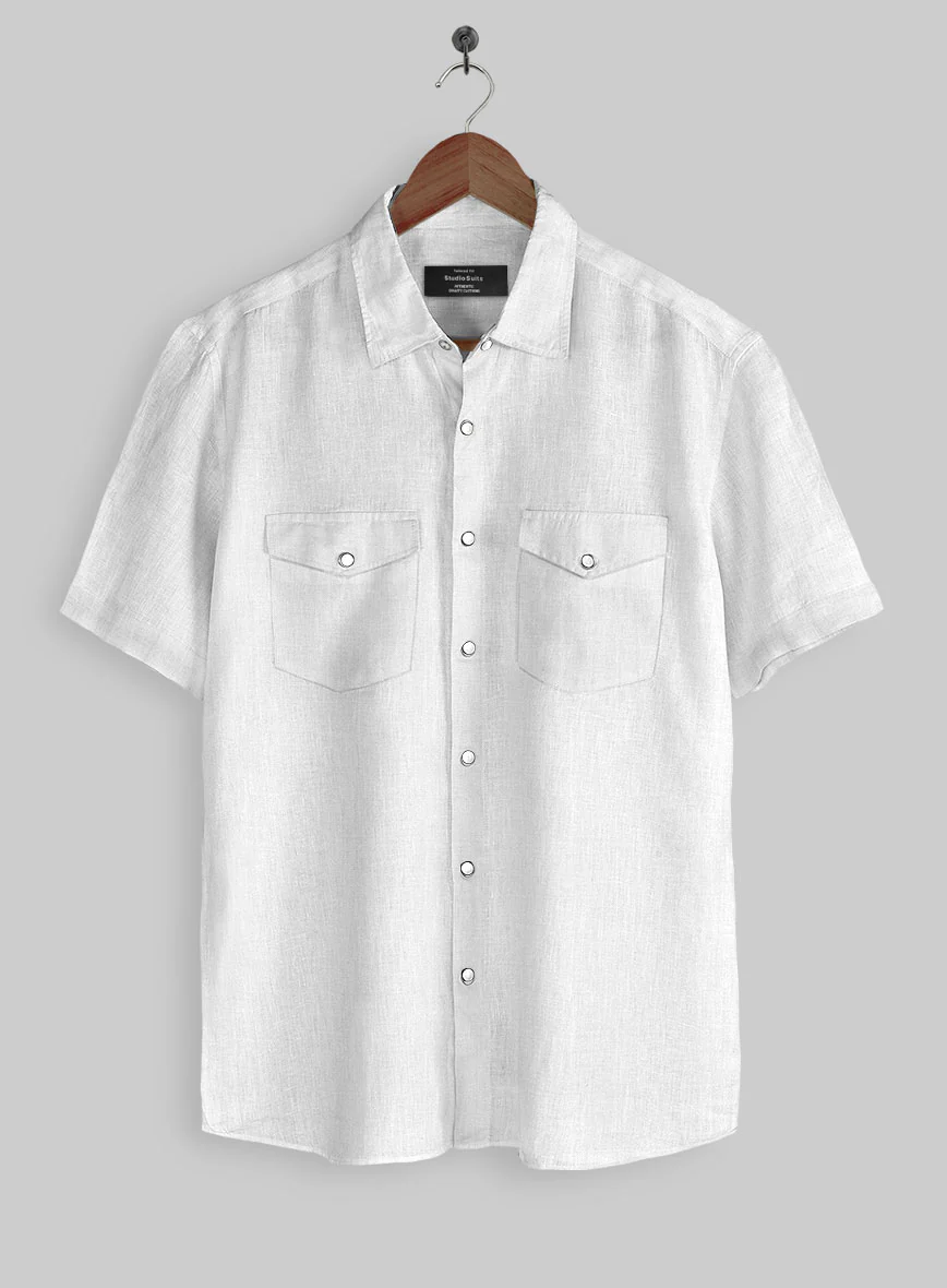 European White Linen Western Style Shirt