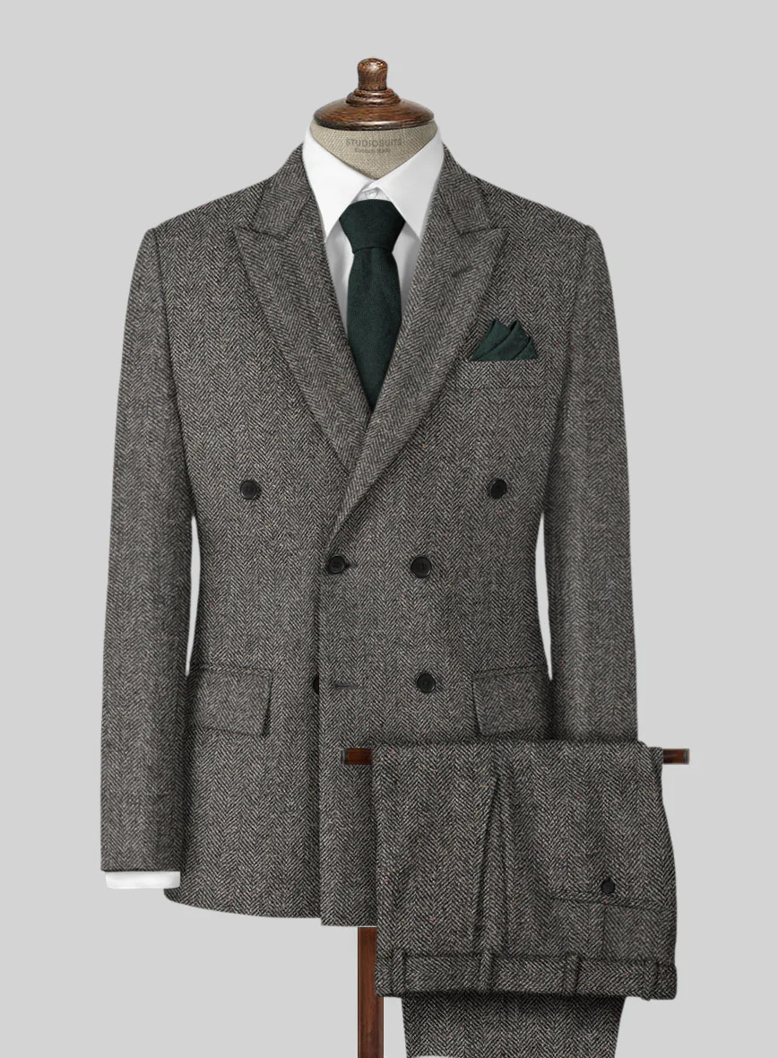 Gray Herringbone Flecks Donegal Tweed Double Breasted Suit