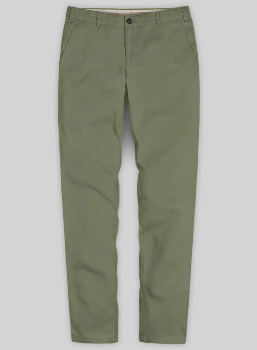Washed Green Feather Cotton Canvas Stretch Chino Pants