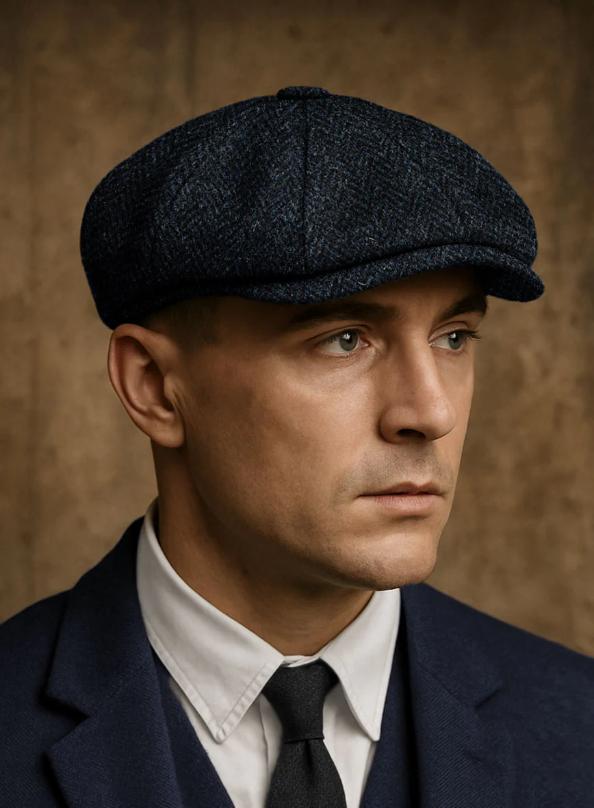 Harris Tweed Dark Blue Herringbone Newsboy Cap - Image 2