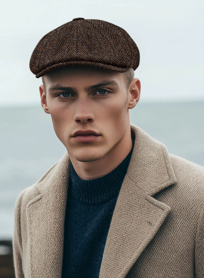 Harris Tweed Dark Brown Herringbone Newsboy Cap - Image 2
