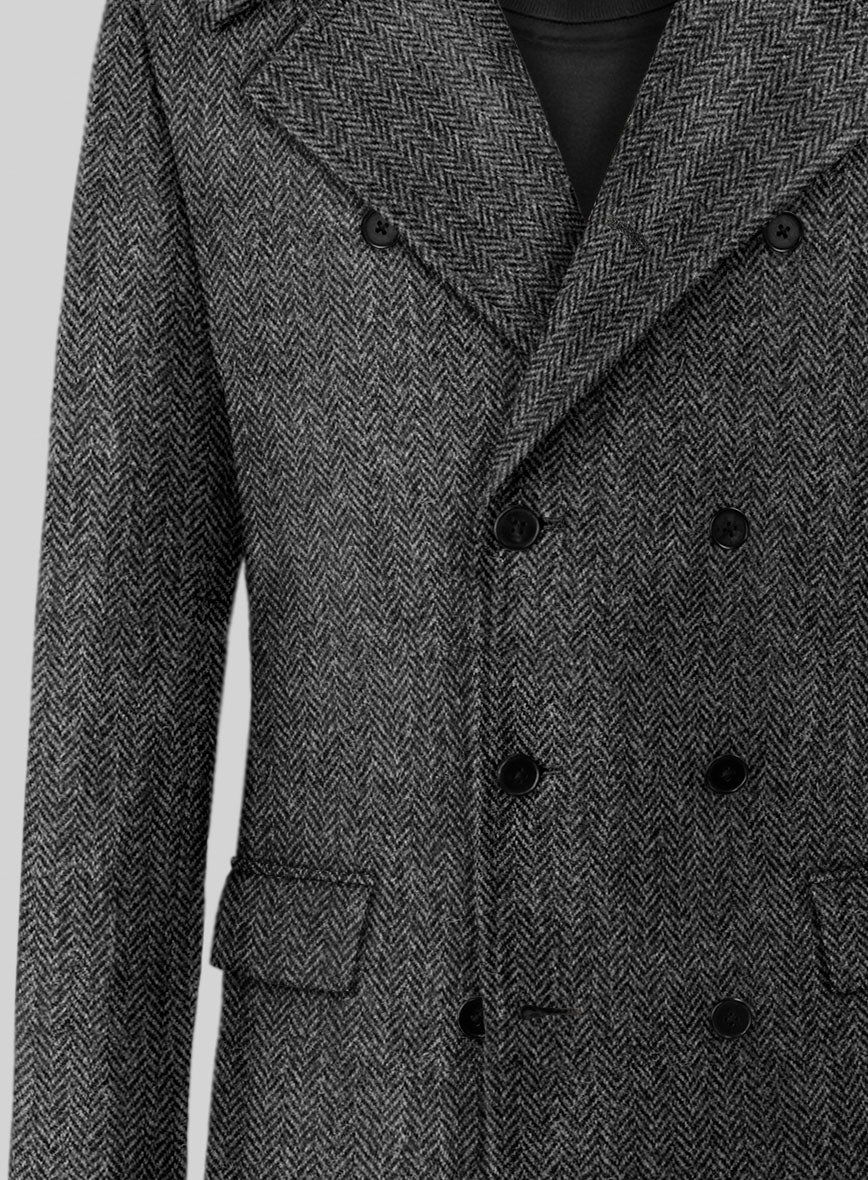 Harris Tweed Dark Gray Herringbone GQ Overcoat - Image 3