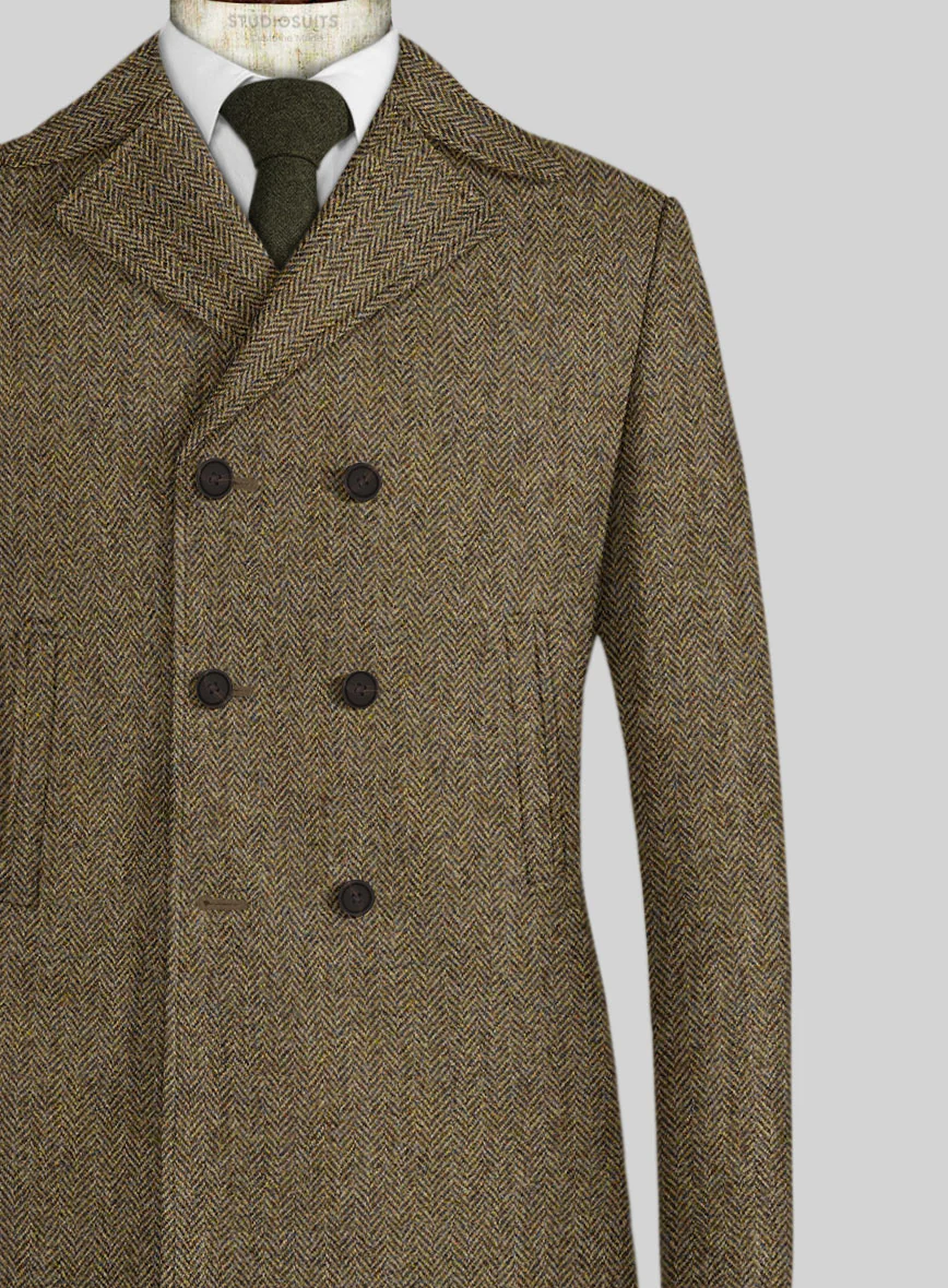 Harris Tweed Hebridean Brown Herringbone Pea Coat - Image 2