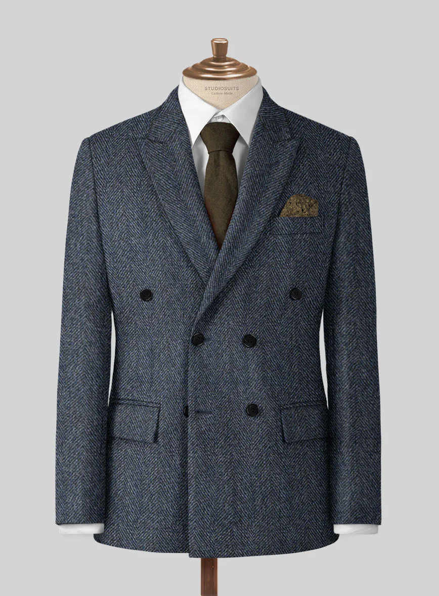 Harris Tweed Wide Herringbone Blue Double Breasted Jacket