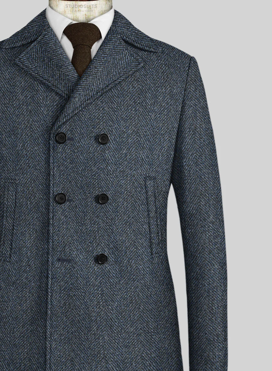 Harris Tweed Wide Herringbone Blue Pea Coat - Image 2