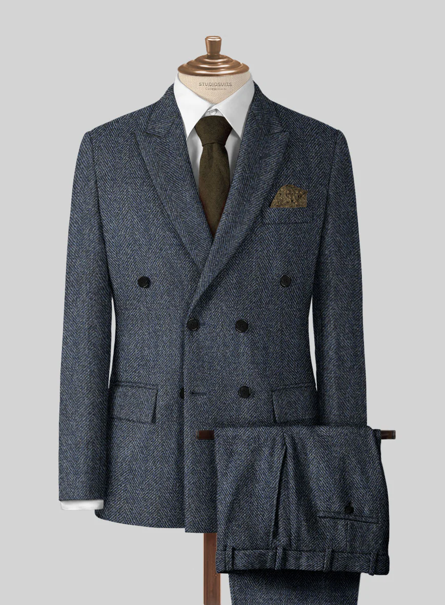 Harris Tweed Wide Herringbone Blue Double Breasted Suit