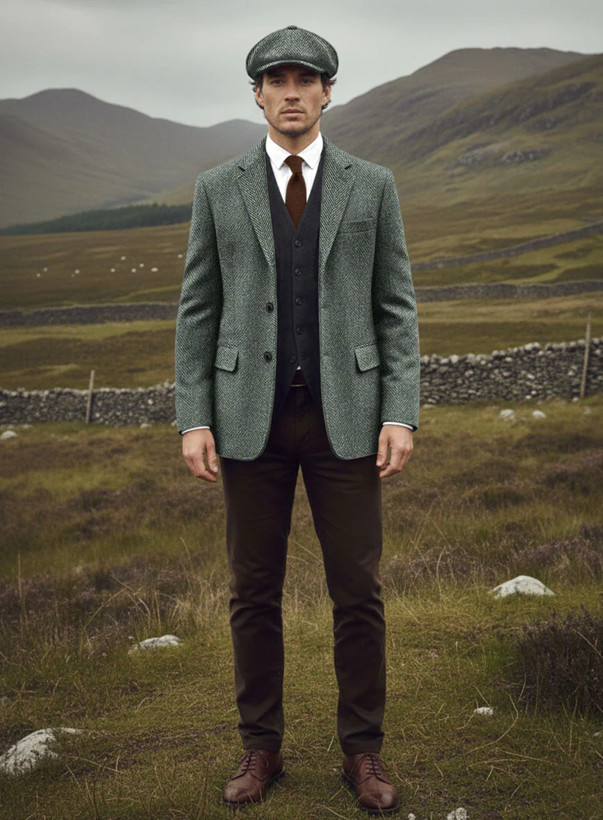 Harris Tweed Wide Herringbone Green Jacket - Image 6