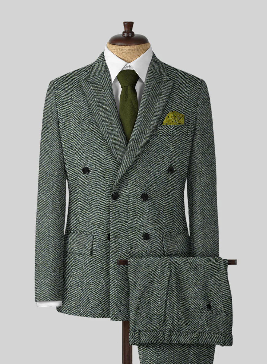 Harris Tweed Wide Herringbone Green Double Breasted Suit