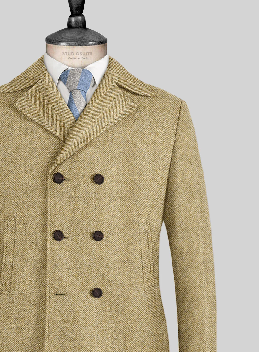 Highlander Heavy Beige Herringbone Tweed Pea Coat - Image 2