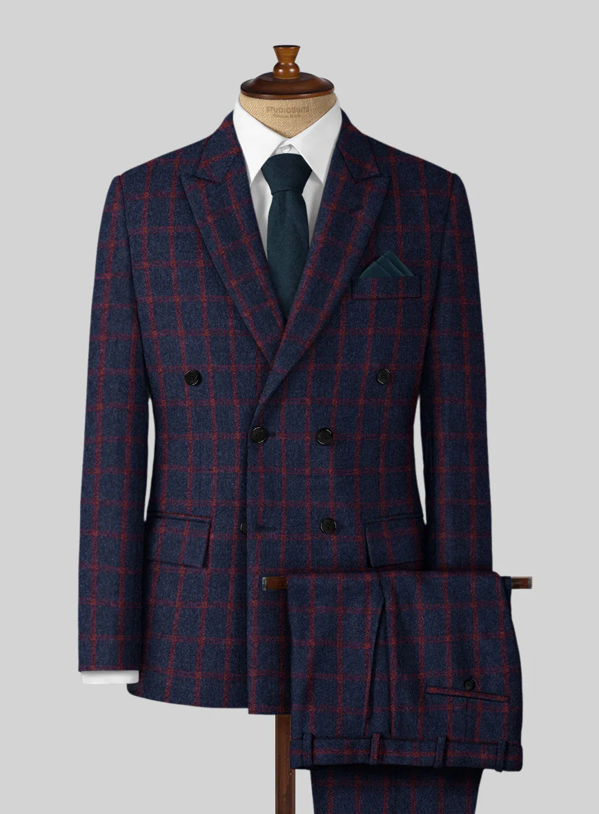 Highlander Heavy Blue Check Tweed Double Breasted Suit