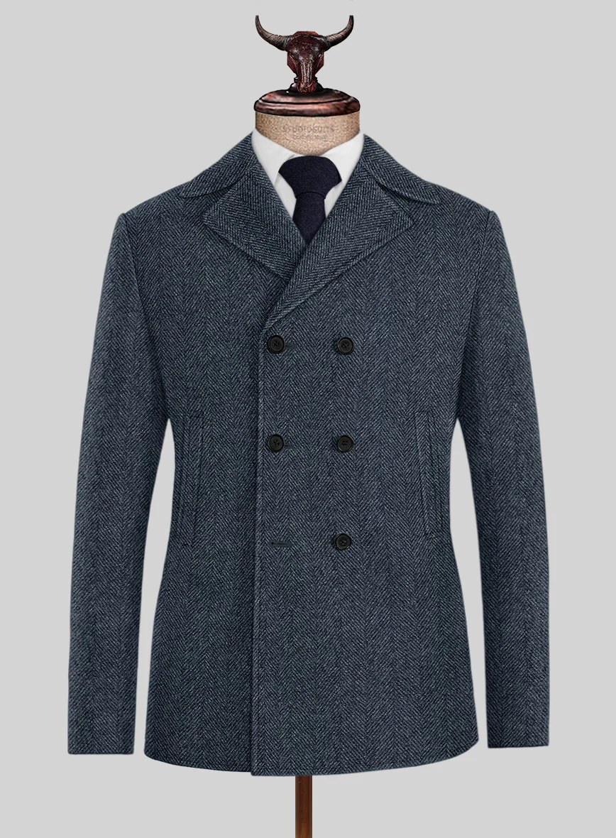 Highlander Heavy Blue Herringbone Tweed Pea Coat