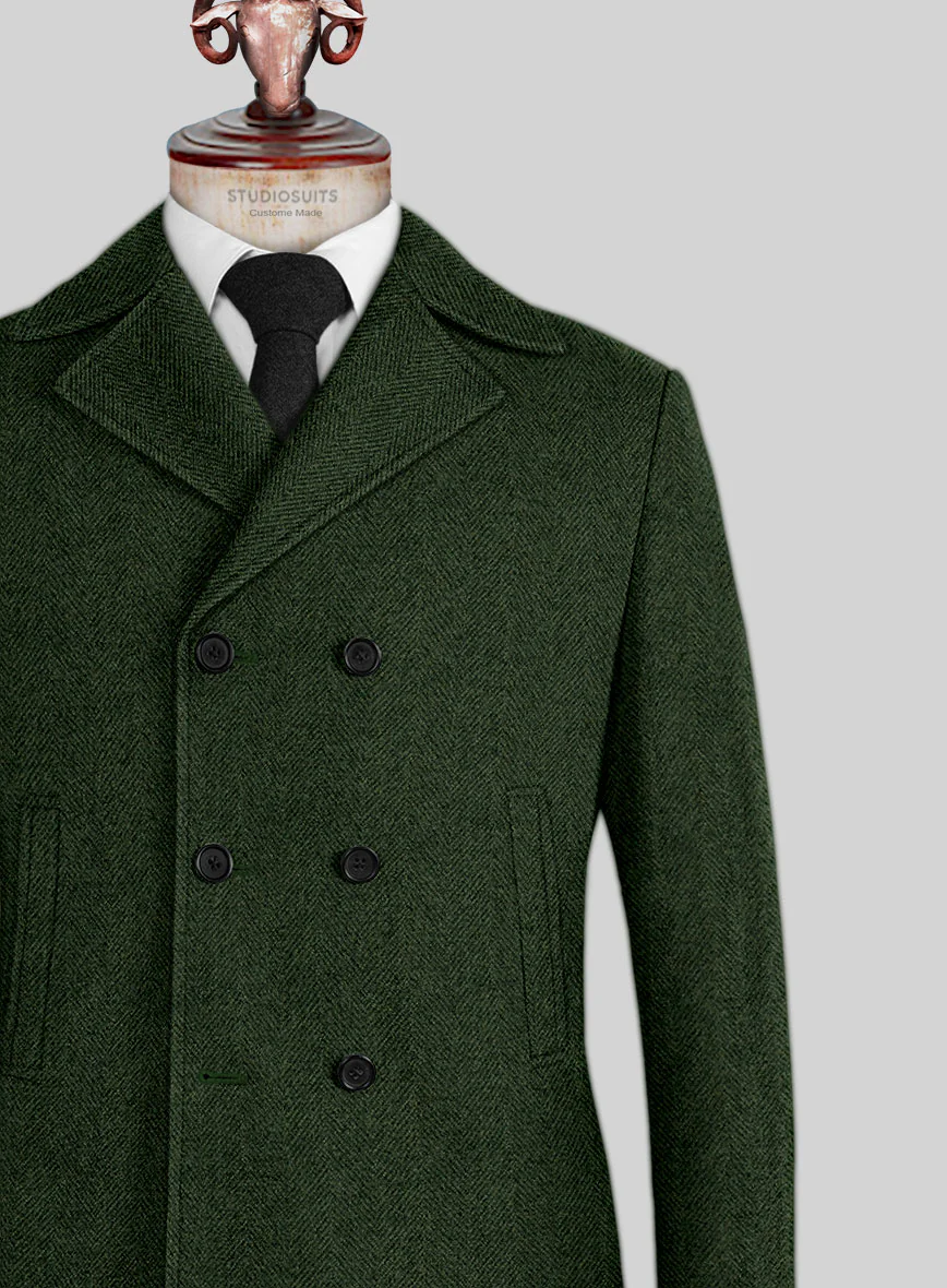 Highlander Heavy Green Herringbone Tweed Pea Coat - Image 2