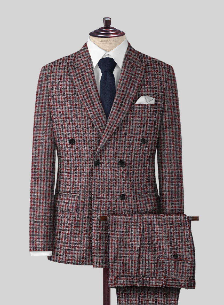 Highlander Heavy Maroon Houndstooth Tweed Double Breasted Suit