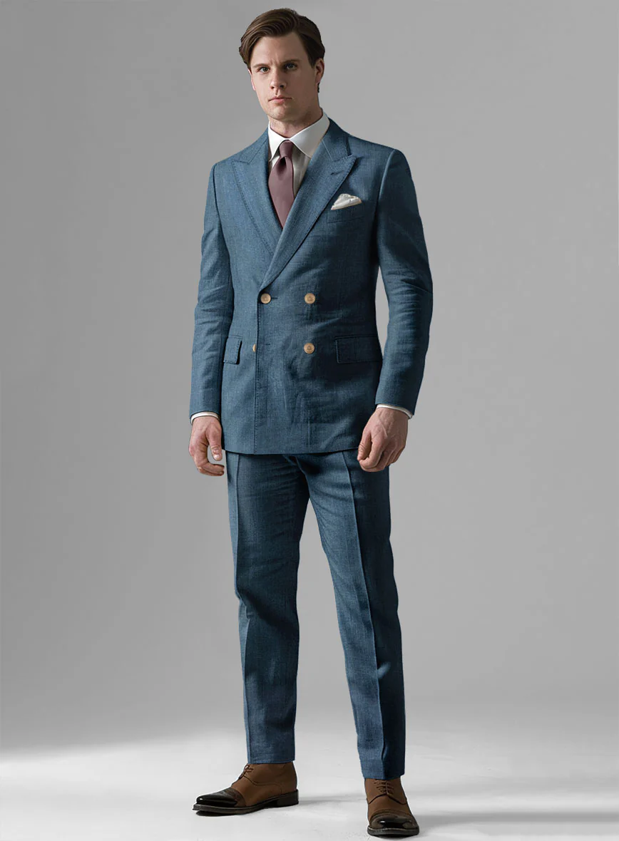 Indigo Blue Linen Double Breasted Suit - Golden Buttons