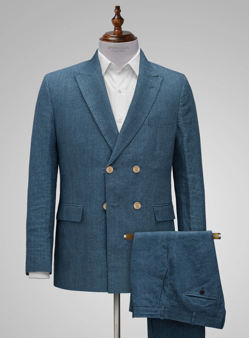 Indigo Blue Linen Double Breasted Suit - Golden Buttons - Image 2