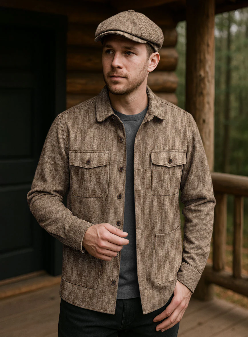 Irish Brown Herringbone Tweed Overshirt